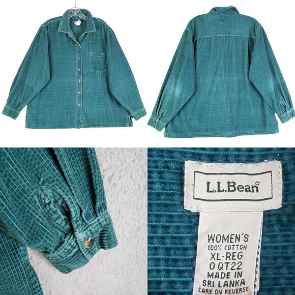 LL Bean Shirt Women’s Size XL Faded Green Cabin Corduroy Button Up Long Sleeve - Picture 1 of 8